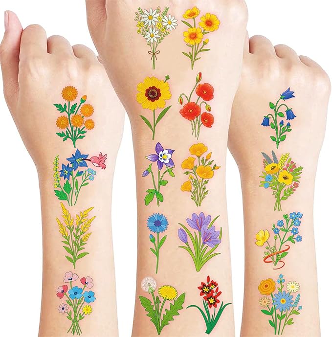 96 PCS Small Wildflower Pre-Cut Temporary Tattoos for Kids | Super Cute Floral Themed Birthday Party Favors, Supplies, Decorations, Fake Tattoo Stickers, School Rewards Prizes & Gifts for Boys Girls