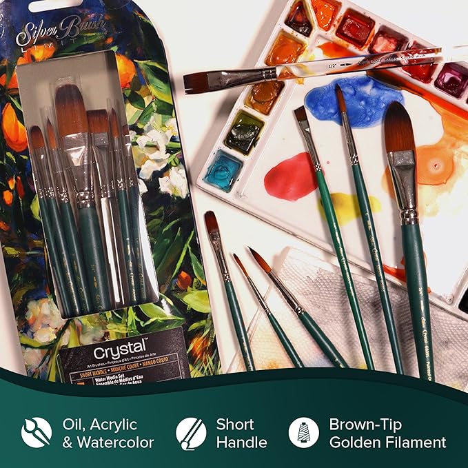 Silver Brush Limited 6814S2 Crystal Wide Wash Brush for Watercolor and Oil, Short Handle, Size 2, Wide Wash