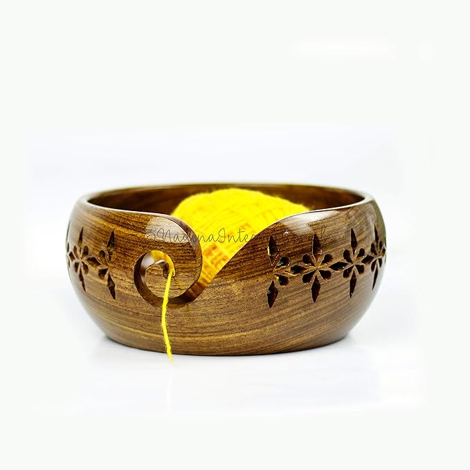 Nagina International Rosewood Crafted Wooden Yarn Storage Bowl With Carved Holes & Drills | Knitting Crochet Accessories (Small)