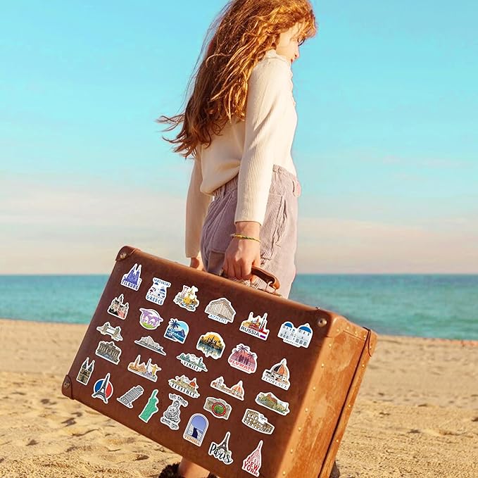 World Featured Architecture Sticker Pack, 100 Pcs Waterproof Vinyl Map Water Bottle Phone Case Laptop Decals, Travel Stickers for Girls Kids Teens Adults, Vintage Aesthetic