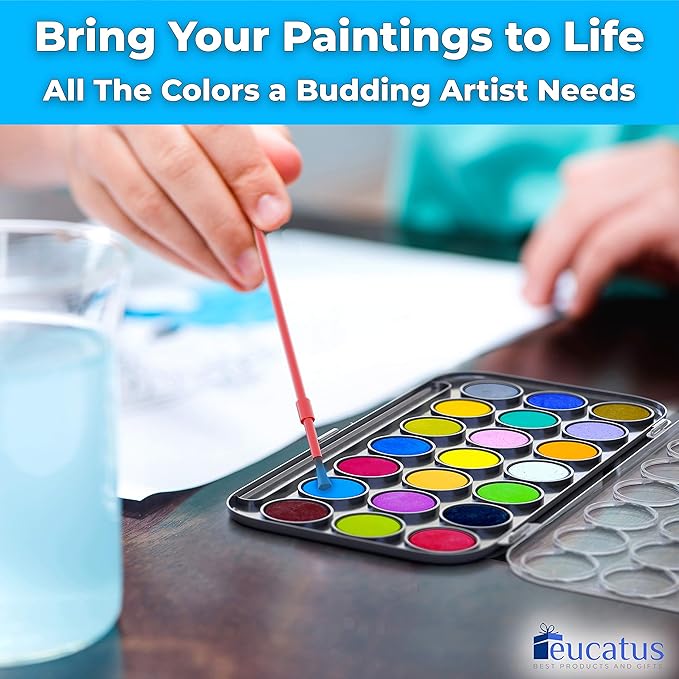 Vibrant Portable Watercolor Paint Set with Paintbrush. Fun and Colorful 21 Large Cake Palette, Medium and Bright Colors, Smooth Blending, Great for Artists and Beginners, On-the-Go Multi-Color Set