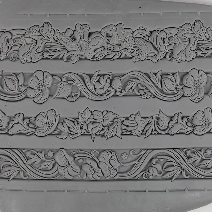 Nouveau Bloom Clay Texture Roller (4") - Seamless Border Set #01 - Embossing Pattern Roller for Polymer & Ceramic Clay, Pottery & Crafts