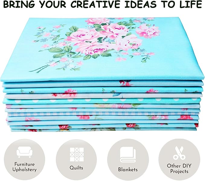 12-Pcs Fat Quarters Fabric Bundles of 100% Soft Cotton, 18" x 22" - Vintage Floral Fabric Squares for Quilting, Patchwork, Quilts, Crafts, Pillow Covers & More - DIY Handmade & Home Décor