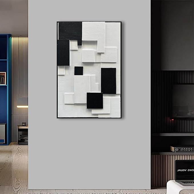 NANKAI Art Hand Painted White and Black Thick Texture Abstract Art Oil Painting 36x24 inch Contemporary Minimalist Art Home Wall Decoration Painting (with Solid Wood Exterior Frame)