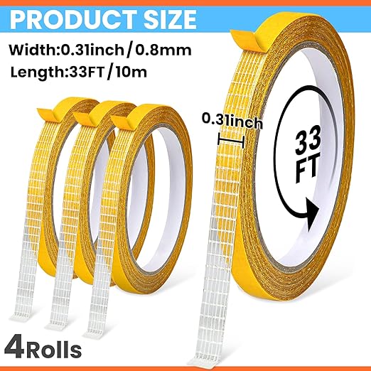 Double Sided Fabric Tape Heavy Duty for Hem, Fashion Dress, Cloth, Curtains, High Adhesive Sticky but Removable, No Sewing or Ironing Need, 0.31in x 33FT/10m x 4Rolls