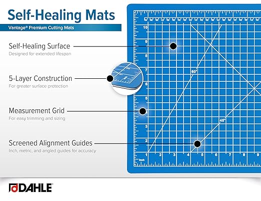 Dahle Vantage 10690 Premium Self-Healing Cutting Mat, 9"x12", 1/2" Grid, 5 Layers for Max Healing, Perfect for Crafts & Sewing, Blue