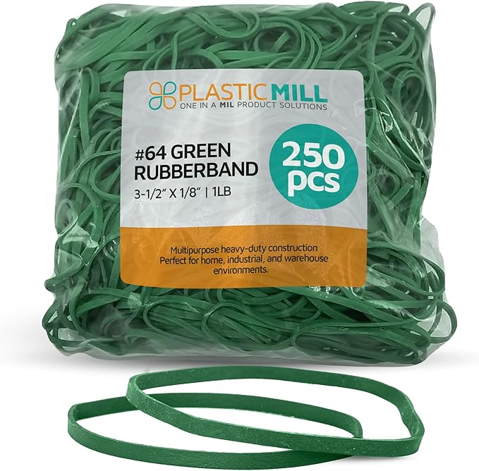 PlasticMill Green Rubber Bands Size 64 (3 1/2" x 1/4") - Colored #64 Rubber Bands Office Supplies - Thick, Elastic Rubber Bands for Tie Dyeing, File Folders, Produce, Cash Bundling (250-Count)