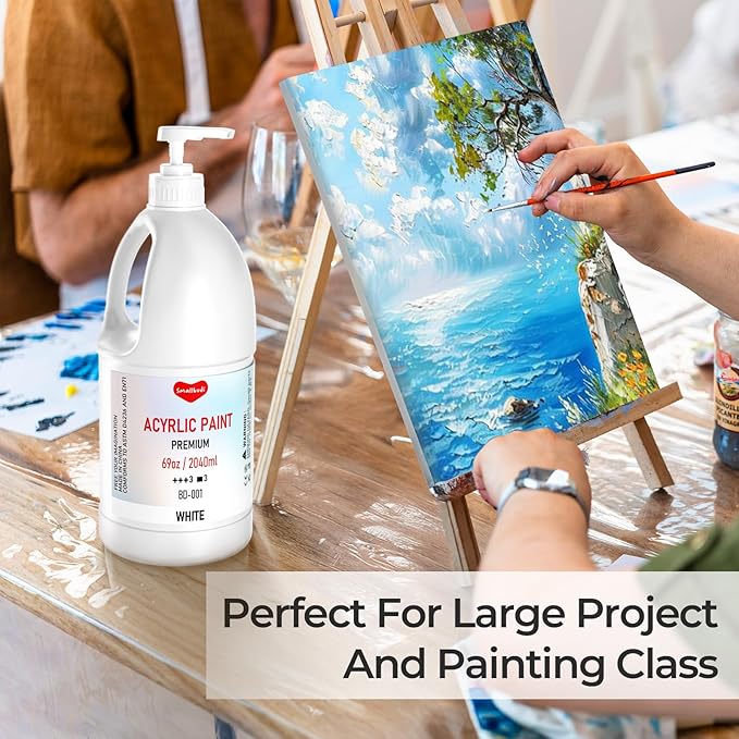 2 Pack White Acrylic Paint Large Bottle (69oz /2040ml) Rich Pigment White Paint for Multi Surface Canvas Wood Ceramic Leather Fabric Rock Craft, Non Toxic for Kid & Adult, with Pump & Sealing Cap
