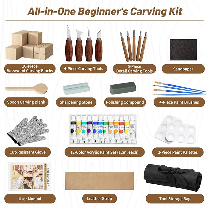 Wood Carving Kit, Wood Carving Tools Set with Carving Knives Detail Knives Basswood Blocks Gloves Polishing Compound Coloring Set, Wood Whittling Kit for Beginners DIY Hobbies for Adults