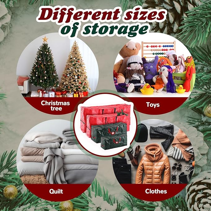 Amylove 4 Pcs Large Christmas Tree Storage Bags Heavy Duty Xmas Zippered Bags Bulk Waterproof Plastic Christmas Tree Container with Carry Handles(12 Ft/ 7.5 Ft/ 4.5 ft,Red/Green)