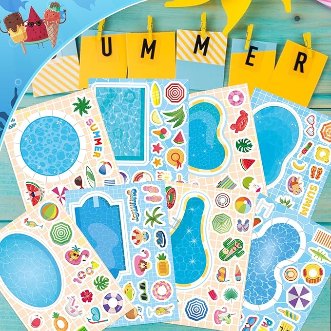 24 Sheets Summer Stickers for Kids, Make a Pool Sticker, Make Your Own Stickers Mix & Match Craft Kit for Summer Party Favors & Activities