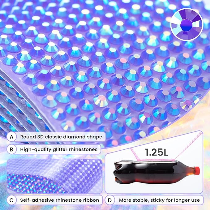 Novani Self Adhesive Rhinestone Ribbon, 1.18 Inch Wide 3 Yards 1 Roll, Deep Purple AB Crystal Diamond Bling Strips for DIY Crafts, Glitter Resin Rhinestones for Crafting, Car Decoration