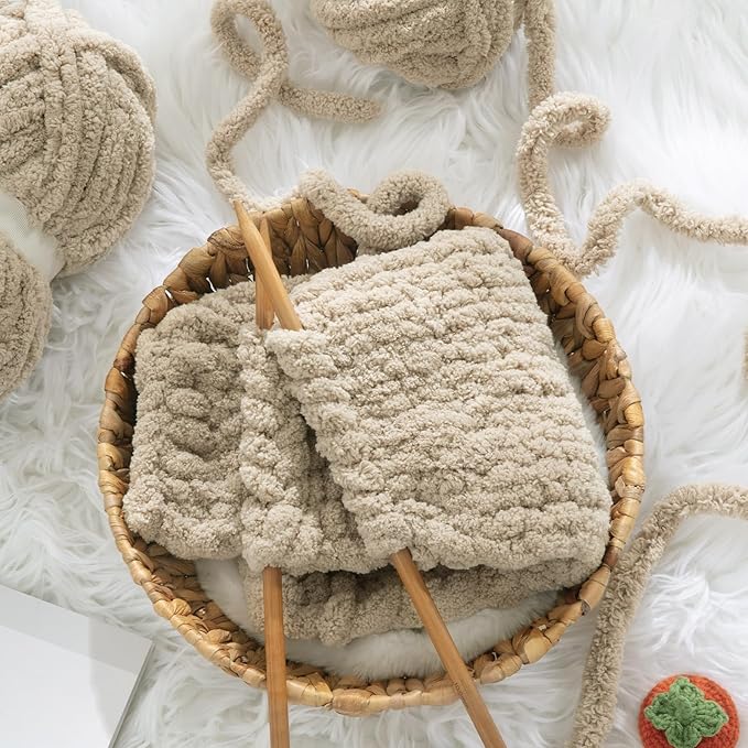 HOMBYS Khaki Chunky Chenille Yarn for Hand Knitting,Fluffy Soft Jumbo Yarn Crocheting,Super Bulky Big Yarn for Chunky Blanket,Large Thick Arm Knitting Yarn,8 Pack Plush Fuzzy Yarn
