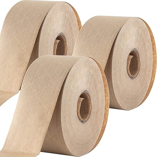 Ultra Durable Water-Activated Tape for Secure Packing 3Pk. 2.75 in, 450 Ft Brown Kraft Gum Tape Provides Heavy Duty Adhesive for Packaging and Shipping. Fiberglass Reinforced for Extra Strong Bond.
