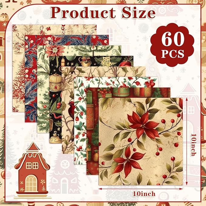 60 Pcs 10 x 10 Inch Vintage Christmas Quilting Fabric Rustic Christmas Fat Squares Patchwork Precut Strips Santa Claus Red Cardinal Fabric Bundles for Xmas Quilting Crafting DIY Craft Sewing