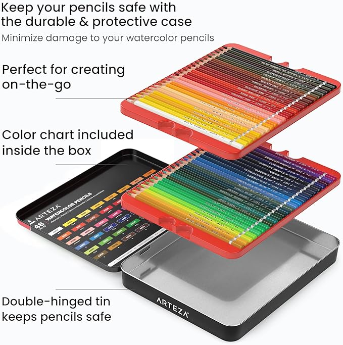 Arteza Watercolor Pencils, 48 Colored Drawing Pencils for Artists, Water Color Pencils in Tin Box, Art Supplies for Coloring, Blending and Layering