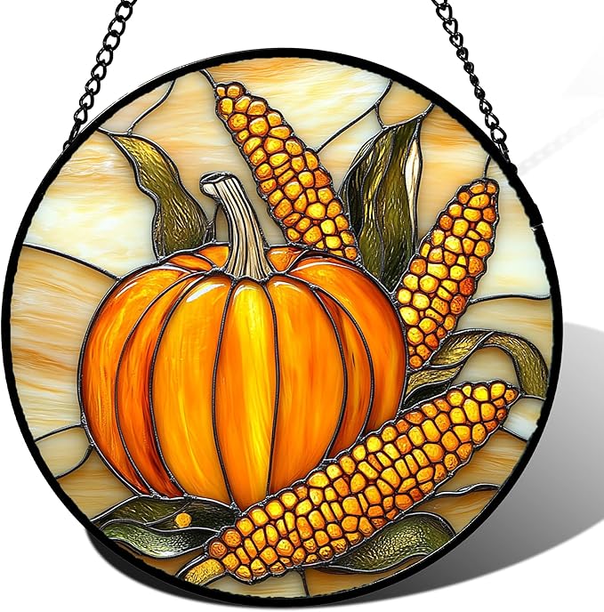 Stained Glass Window Hanging Autumn Harvest Pumpkin Corn 9.8" - Suncatcher Door Garden Kitchen Sunroom Sun Catcher Fall Home Decor Birthday for Mom Grandma Men Woman