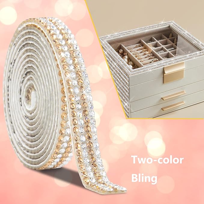 4 Rolls Rhinestone Tape Self Adhesive Crystal Ribbon Diamond Bling Strips with 2 mm Glitter Sticker for Arts Crafts Wedding Birthday Party DIY Event Car Phone Decoration (Silver+Gold)