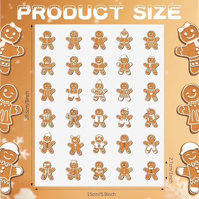300 Pcs Christmas Gingerbread Man Stickers Assorted Mini Gingerbread Stickers Party Favors Aesthetic Waterproof Vinyl Decals for Holiday Card Scrapbooking Bottle