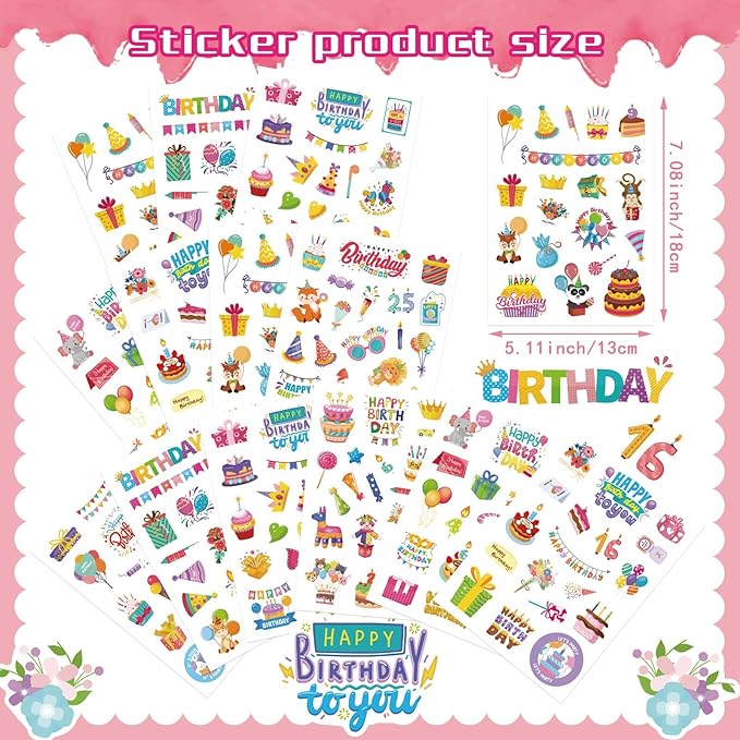 462 PCS Happy Birthday Stickers for Kids, Birthday Sticker Classroom Teacher Reward Stickers, Cake Balloon Sticker, Party Favor Art Craft