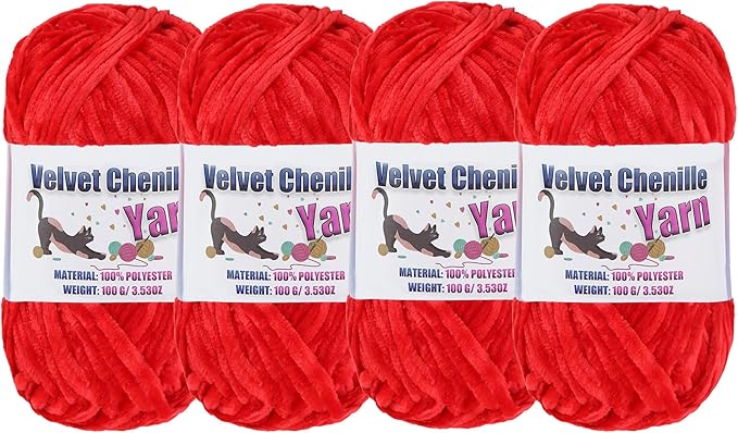 4 * 100g Fluffy Velvet Chenille Yarn for Crocheting and Knitting, Handcrafts Weaving Soft Chenille Yarn for Crocheting Clearance, Used for Making Baby Yarn Blanket, Clothes, DIY Craft (Red)