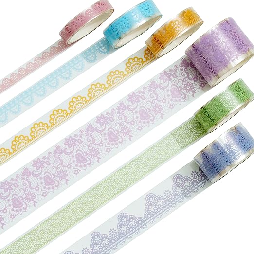 6 Rolls Lace Patterns PET Tapes Floral Arts Decorative Tape Set Adhesive Transparent Masking Tapes for DIY Craft, Kids, Scrapbook, DIY, Gift Wrapping, Journal (Lustrous Glass)