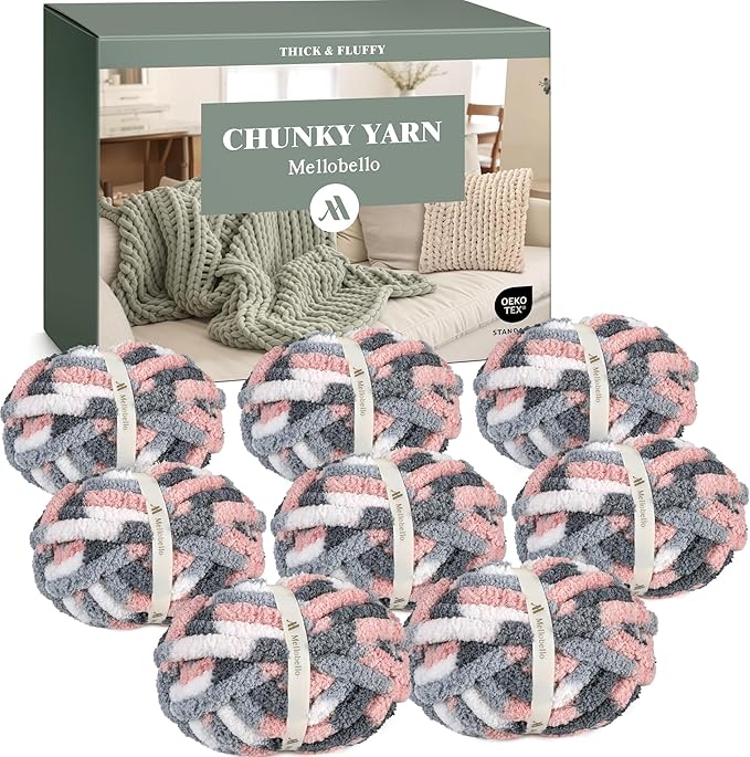 Jumbo Chunky Yarn for Hand Knitting - Super Thick Chenille Chunky Yarn for Crocheting - Extra Soft Bulky Fluffy Blanket Big Yarns 8 Jumbo Pack (27yds,8 oz Each Skein)