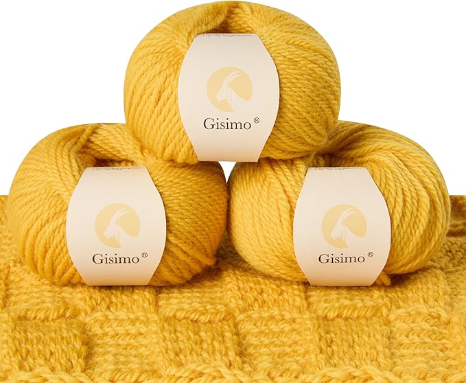 100% Merino Wool Yarn, 3-Ply Luxurious and Soft Yarn for Hand Knitting & Crocheting (Gold,3Balls)