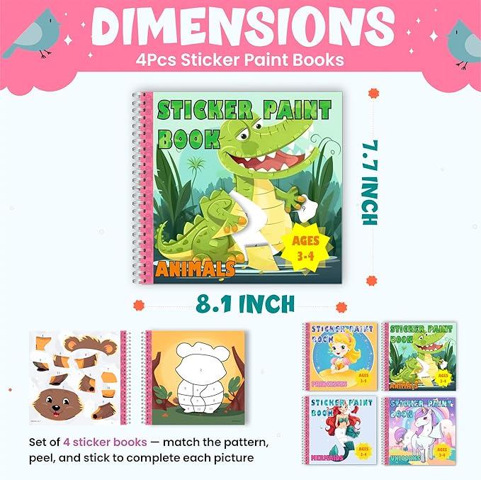 BulbaCraft 4Pcs Sticker Paint Books - Sticker Books by Number with Mermaids, Princesses, Animals and Unicorns - Coloring Activity