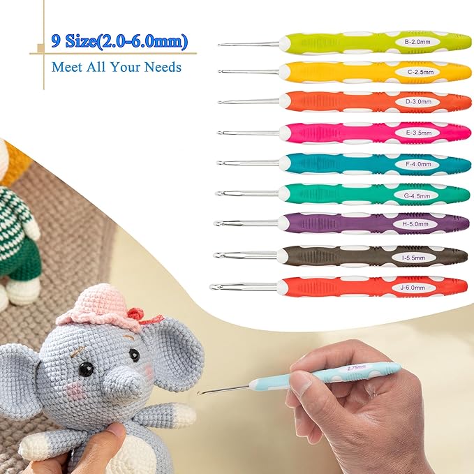 Ryhiac 9 PCS Longer Ergonomic Crochet Hooks Set USA Standard Size B to J 2.0mm-6.0mm Soft Grip Handles Smooth Crochet Needles Knitting Needles for Arthritic Hands,Beginners(Set C)