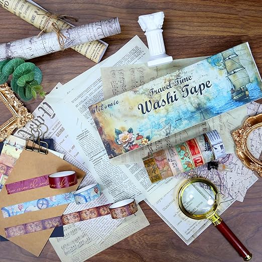 Vintage Washi Tape Set,12 Rolls World Travel Navigation Map Stamp Aesthetic Decorative Tape Masking Washi Tape for Journaling Supplies, Scrapbooking, DIY Arts & Crafts, Gift Wrapping