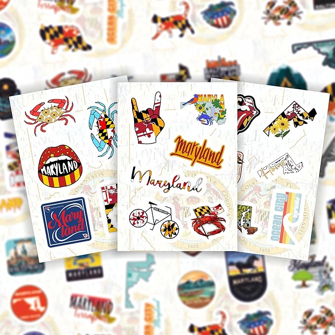 BulbaCraft 100Pcs Maryland Stickers for Water Bottle and Laptop - Maryland Party Supplies & Decorations, Waterproof Vinyl Decals, State Pride and Icon Stickers, Gifts for Women & Men