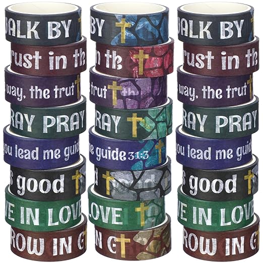 Janlaugh 24 Rolls Christian Washi Tape Gifts Bulk Religious Inspirational Scripture Supplies Cross Bible Verse Washi Tape for Bible Journaling Study Crafting New Year DIY Gifts