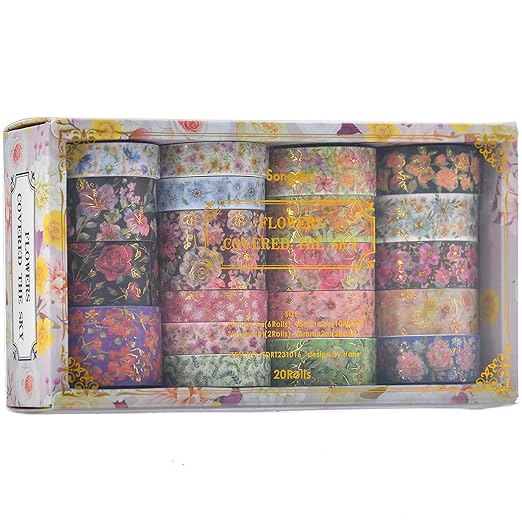 20 Rolls Flowers Washi Tape Set Floral Arts Adhesive Tapes Gold Foil Decorative Masking Tape Sets for Craft, Kids, Scrapbook, DIY, Gift Wrapping
