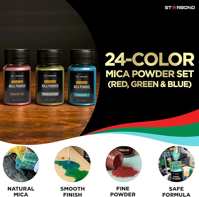 Starbond 24-Color Mica Powder Set — Natural, Irritant-Free Pigments (10g Bottles) — Featuring Vibrant 5 Reds, 7 Greens & 11 Blue Tones — for Resin Art, Wood Inlays, DIY, Soap & Candle Making
