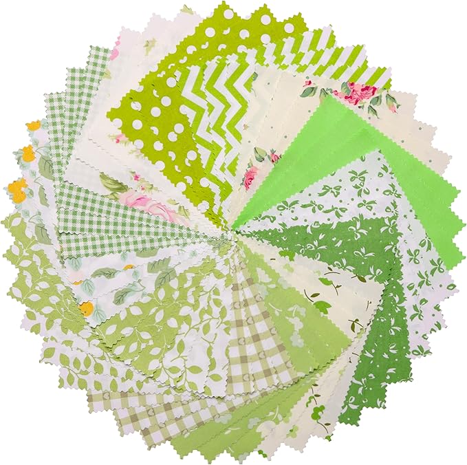 Charm Packs for Quilting 5 inch - 42 5" Charm Squares for Quilting - Green Print Cotton Fabric Quilt Squares 5x5 for Sewing, Patchwork, and DIY Crafts - Green