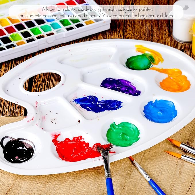 FANDAMEI Oval Paint Palette Tray, Plastic Paint Tray Palette, Painting Palette, Paint Tray Palettes Paint Pallets with Thumb Hole for Adults & Kids, for Painting or DIY Craft Class, White, 2 PCS