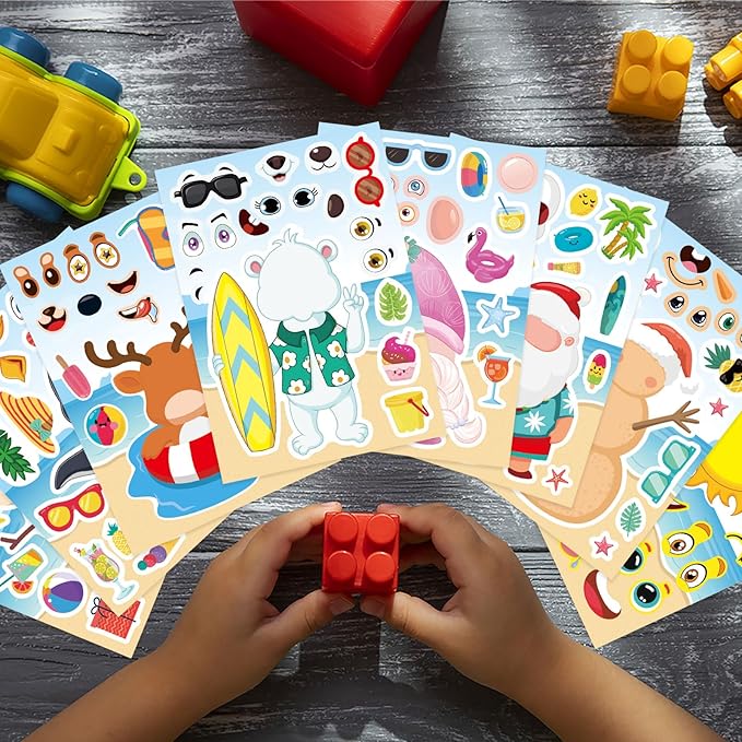 24 PCS Summer Stickers for Kids, July Christmas Make a Face Stickers, Make Your Own Mix and Match Sticker with Santa Claus, Reindeer, Penguin, Polar Bear and Snowman, Hawaii Tropical Beach Sticker