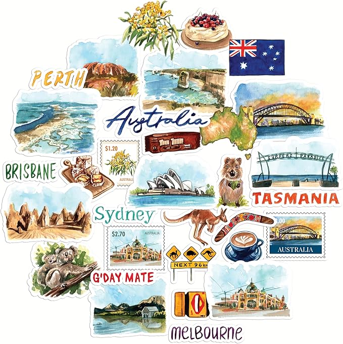 Navy Peony Outback Australia Travel Stickers (32pcs) — for Scrapbooks, Journals