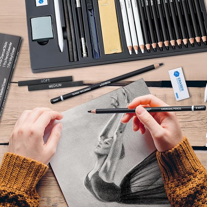 PANDAFLY 24 Piece Charcoal Drawing Set, Black & White Charcoal Pencils for Drawing, Sketching, Shading, Blending, Artist Pencils for Adults Beginners & Pro Artists
