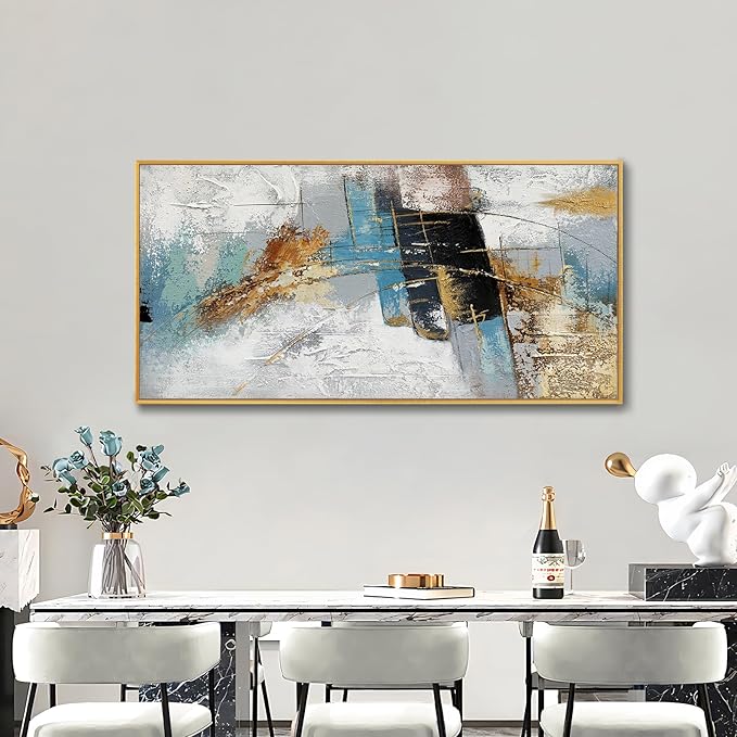 Large 100% Handmade Abstract Oil Painting with Frame Modern Original Hand Painted Heavy Textured Wall Painting Blue Gold Grey Canvas Wall Art Wall Decor for Living Room Bedroom Office Hang 48x24 inch