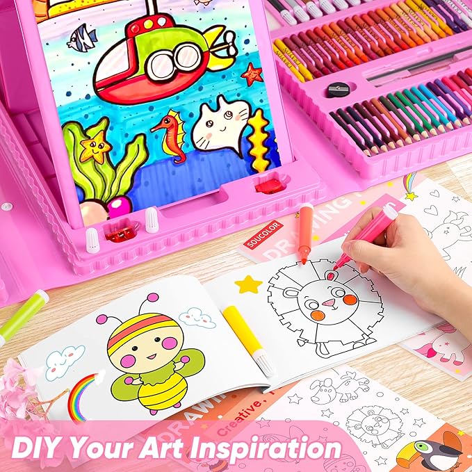 Soucolor Art Supplies, 283 Pieces Drawing Set Art Kits with Trifold Art Easel, 2 Drawing Pads, 1 Coloring Book, Crayons, Pastels, Arts and Crafts Gifts Case, Coloring Set