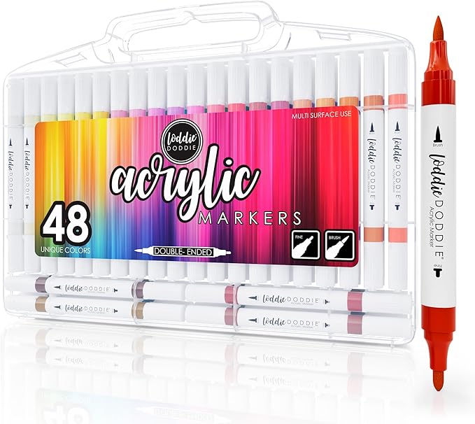 Loddie Doddie Acrylic Markers, 48 Unique Colors, Double-Ended Multi Surface Art Markers Set with Fine and Brush Tips, Portable Storage Case for DIY Projects, Crafts, and Decor (48)