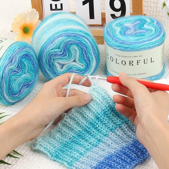 Aeelike Gradient Yarn for Crocheting, 3 Skeins Cake Yarns 100g (3.52 oz) 245m (267 Yards) # 3 Light Weight - Super Soft Ombré Fairyland Yarns for Making Colorful Crafts, Blue Green Gradient