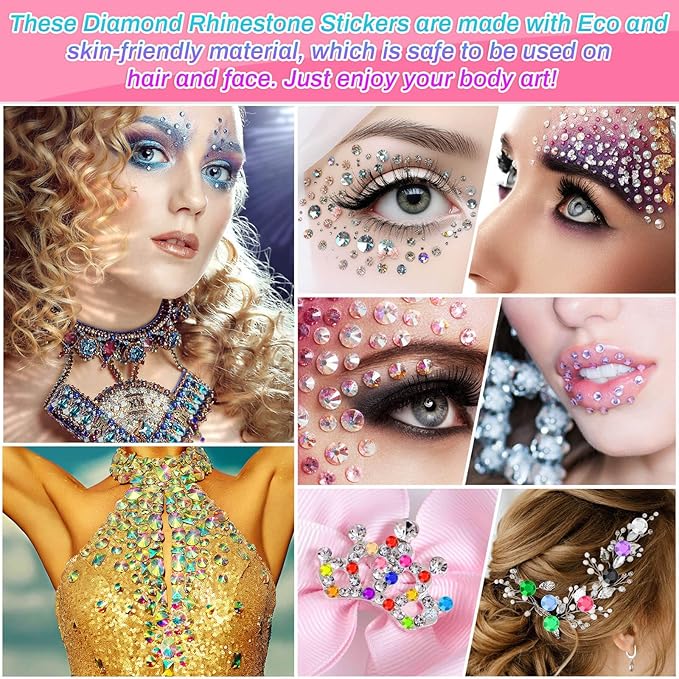 2800 Pcs Self Adhesive face Rhinestones gems Stickers in 20 Colors, 6 Sizes Stick on Jewels for Body, Face, Hair and Craft DIY Decorations(3/4/5/6/8/10mm)