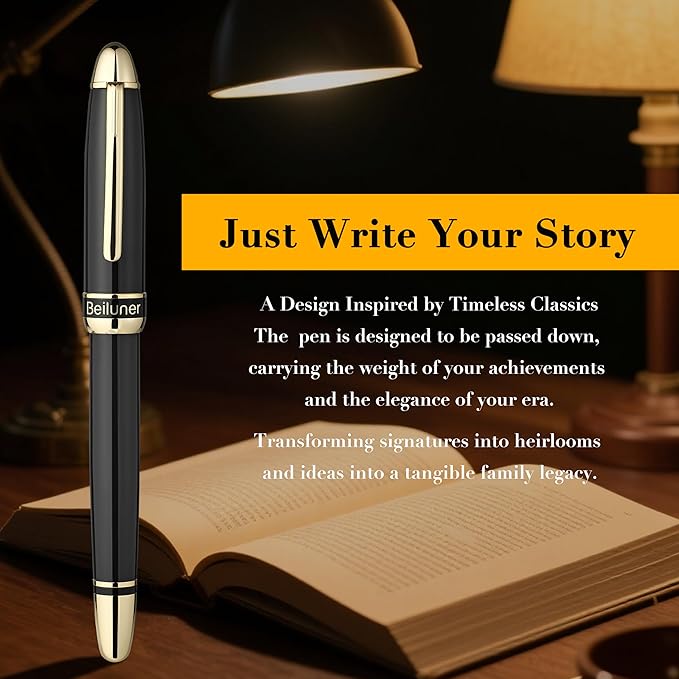 BEILUNER 315 Black Fountain Pen,Stunning Luxury Pens with 24K Gold Accents, Gorgeous 24K Gilded Nib(Medium), Ink Converter,Fancy Pen Gift for Men&Women-Elegant, Office, Reliable, Nice Design