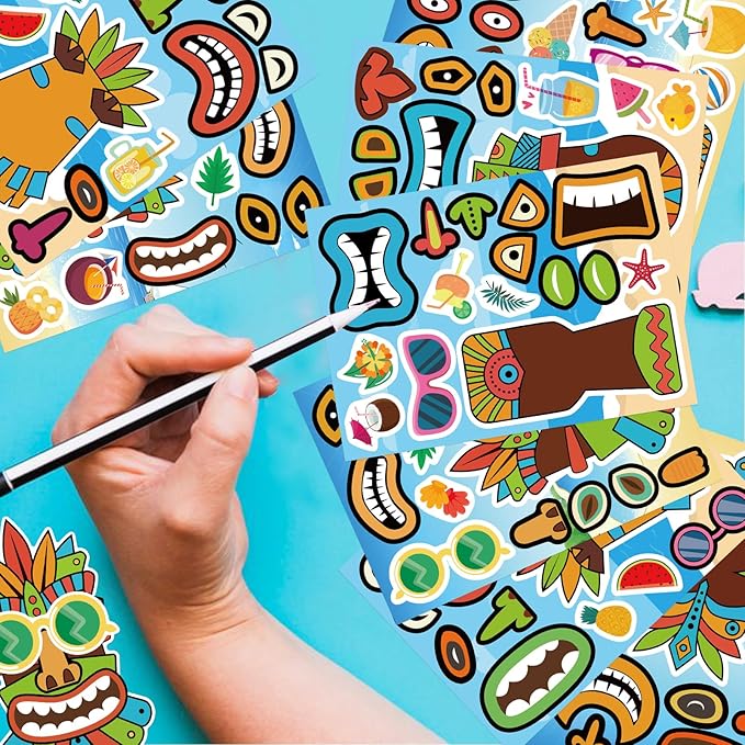 24 Sheets Summer Stickers, Make a Tiki Face Sticker, Tropical Hawaiian Stickers Make Your Own Tiki Sticker for Kids Summer Luau Party Favors Decoration