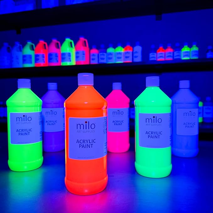 milo Fluorescent Acrylic Paint Set of 6 Colors | 32 oz Bottles | Student Neon Colors Acrylics Painting Pack | Glows UV in Black Light | Non-Toxic Art & Craft Paints for Artists & Hobby Painters | Made in USA