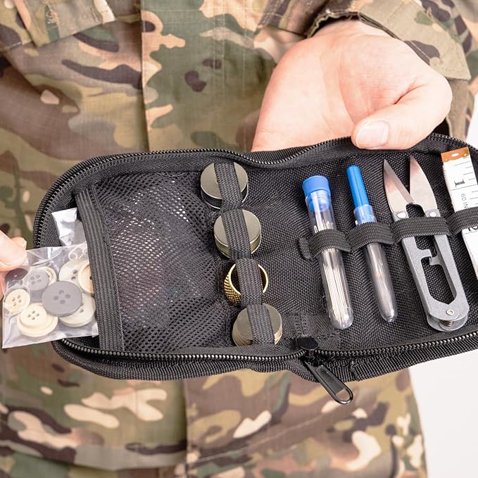 Military Sewing Kit, Army Survival Sewing Kit with Buttons for Men, Women, Small Repair Sewing Tools with Zipper in Nylon Case for Adults Basic for Home, Outdoor, Tactical EDC Sew Kit (Black, 1 Pack)