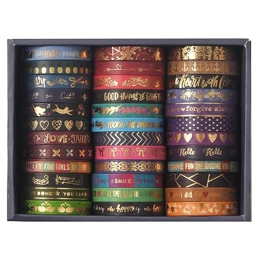 36 Rolls Skinny Washi Tape Set Gold Foil Detailing Arts Adhesive Tapes Basic Patterns Decorative Masking Tape Sets for Craft, Kids, Scrapbook, DIY, Gift Wrapping (Bronzing Letters)